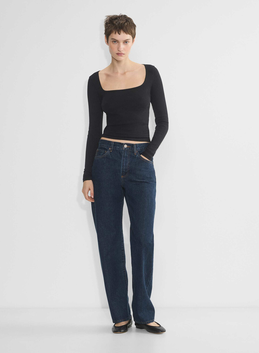 tricou cu mânecă lungă homestretch rib cu guler pătrat negru