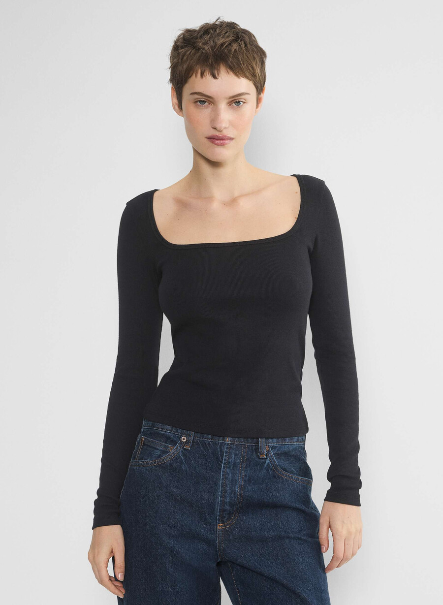 tricou cu mânecă lungă homestretch rib cu guler pătrat negru