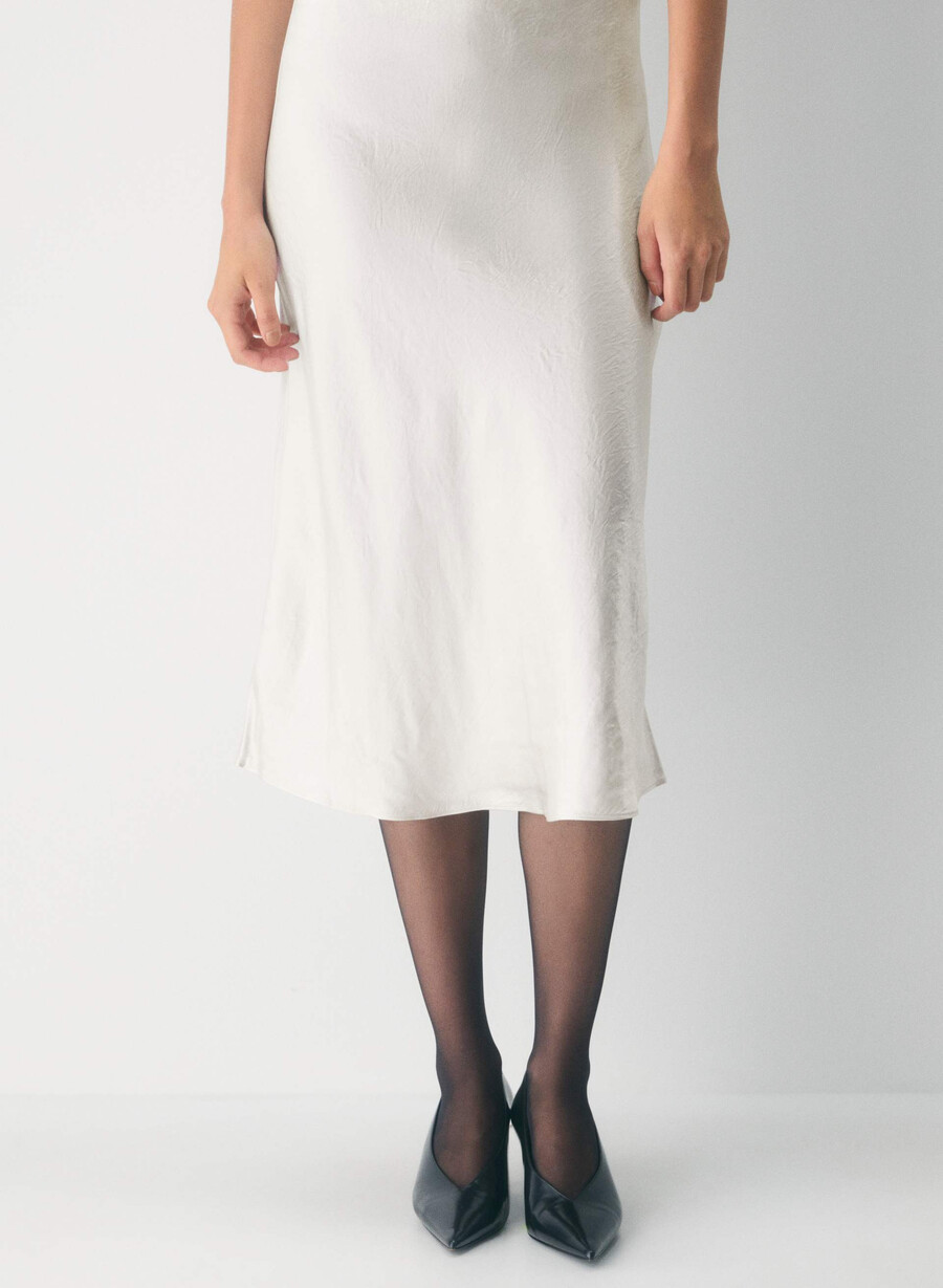 fustă midi din satin culoare mesteacăn deschis
