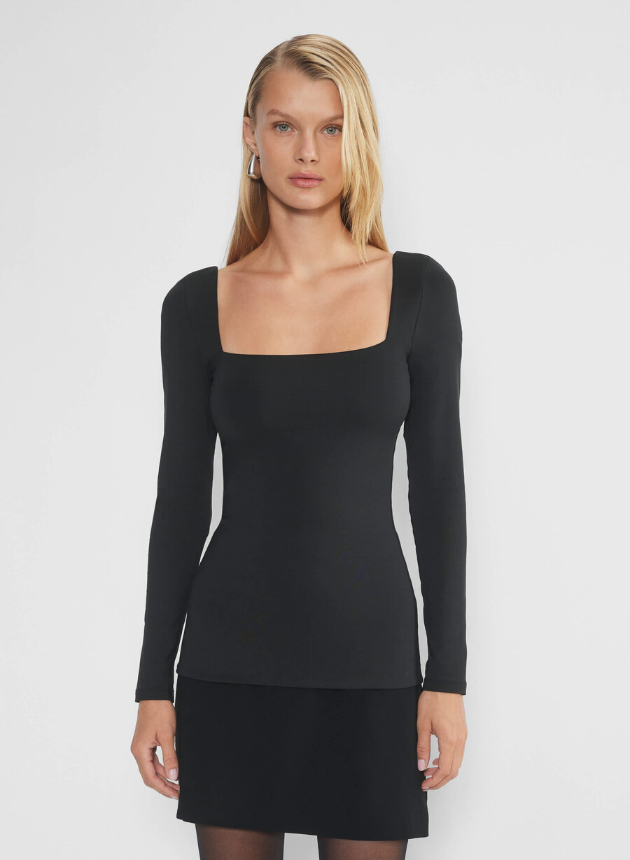 tricou original contour cu guler pătrat și mânecă lungă negru