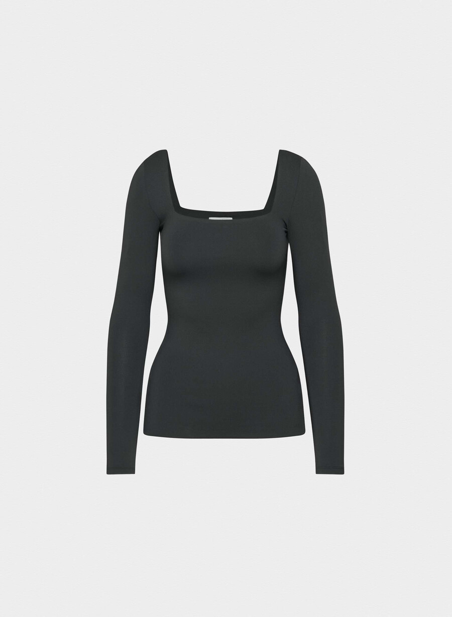tricou original contour cu guler pătrat și mânecă lungă negru