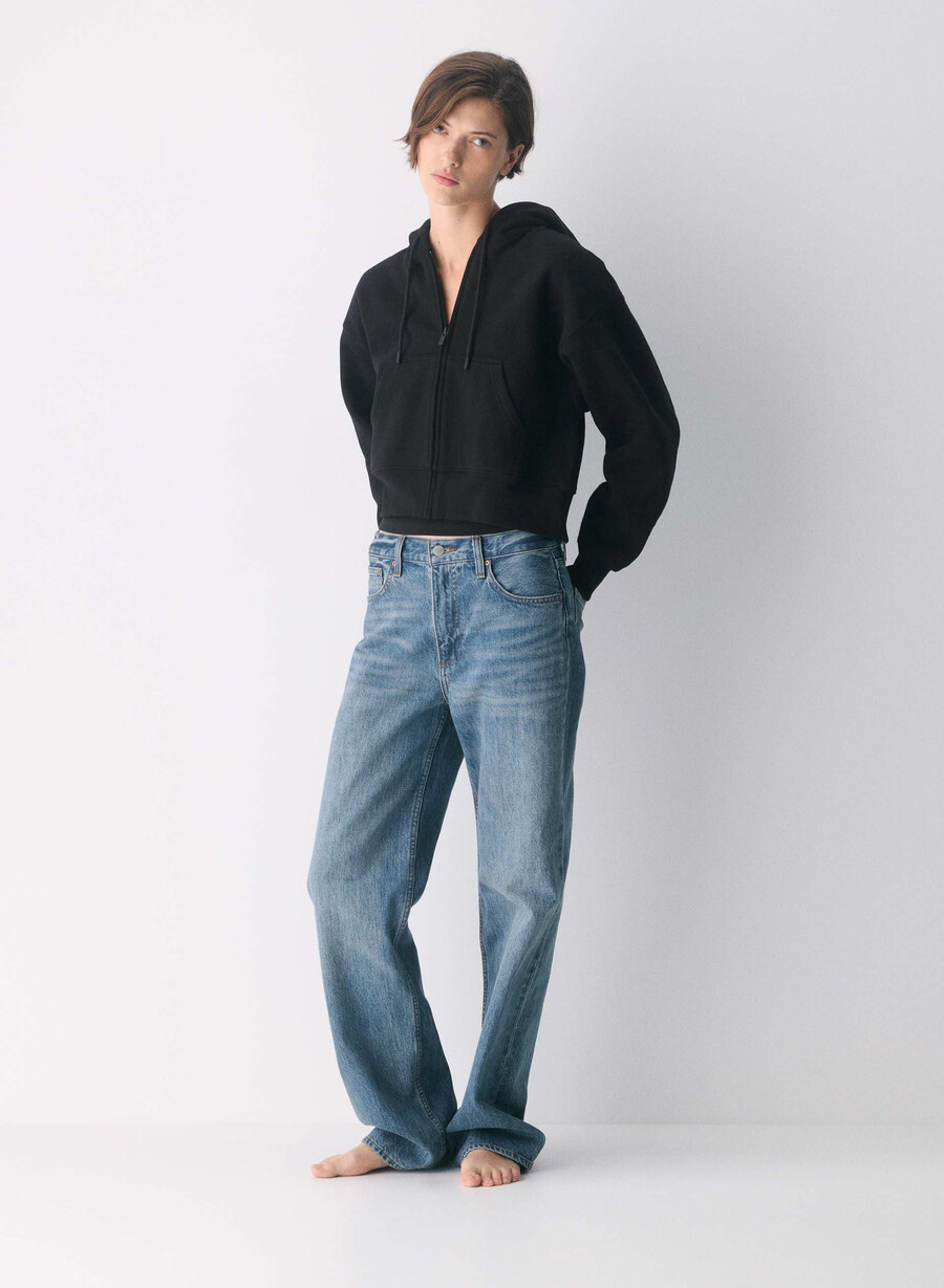 hanorac confortabil cu fermoar drept din fleece boyfriend negru