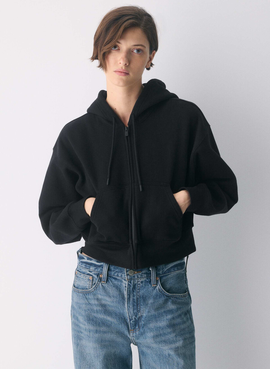 hanorac confortabil cu fermoar drept din fleece boyfriend negru