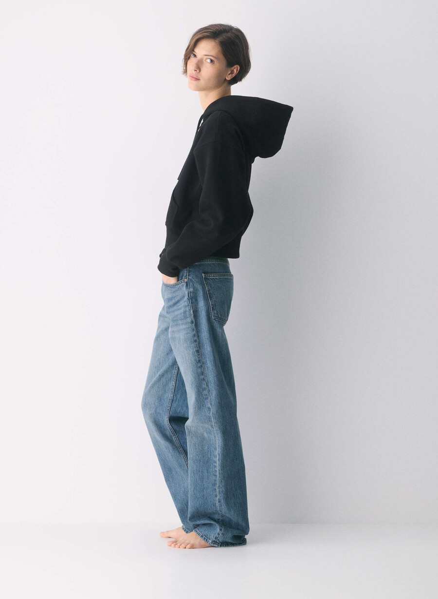 hanorac confortabil cu fermoar drept din fleece boyfriend negru