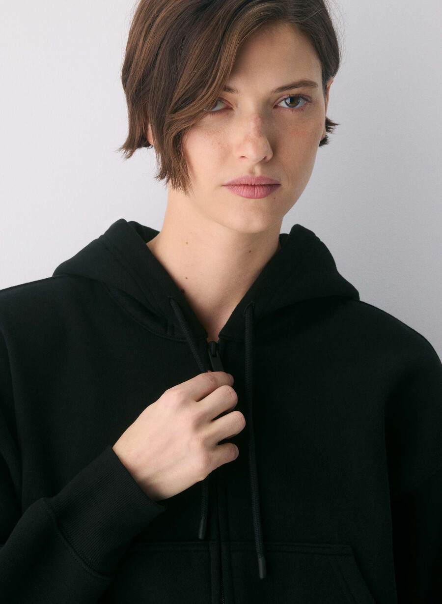 hanorac confortabil cu fermoar drept din fleece boyfriend negru