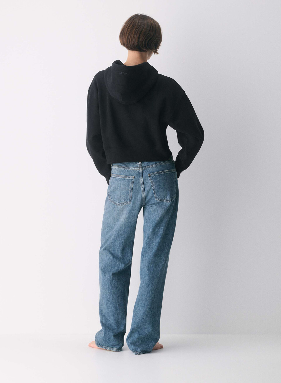hanorac confortabil cu fermoar drept din fleece boyfriend negru