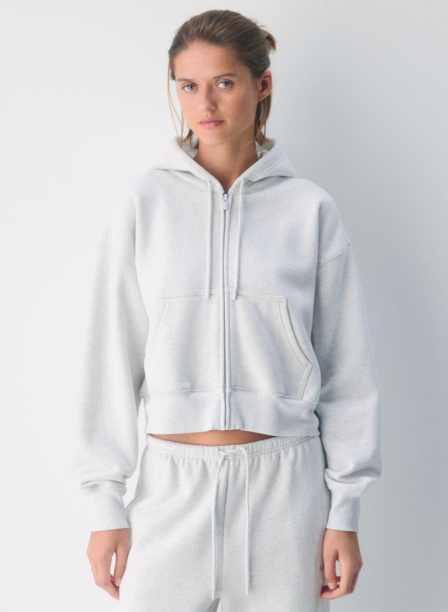 hanorac confortabil din fleece cu fermoar drept boyfriend alb-negru