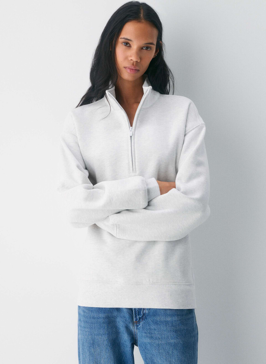 pulover confortabil din fleece cu fermoar 12 boyfriend alb-negru