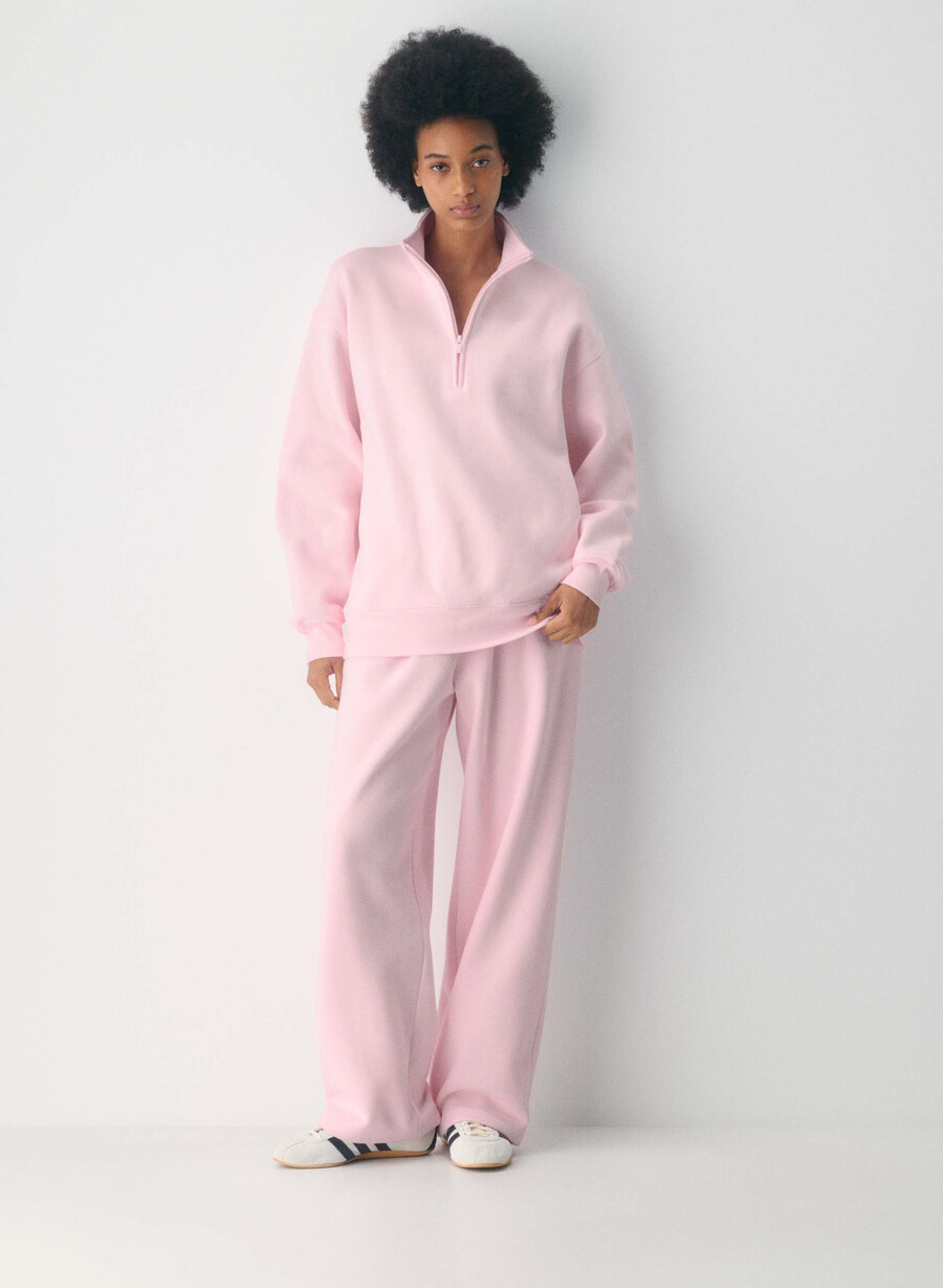 pulover confortabil din fleece boyfriend cu fermoar cu jumătate de inimă villa pink