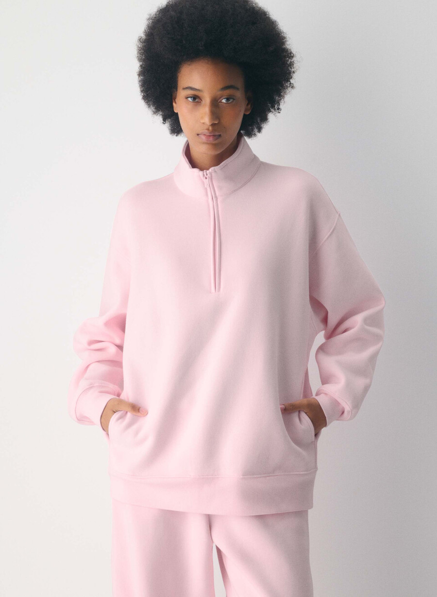 pulover confortabil din fleece boyfriend cu fermoar cu jumătate de inimă villa pink