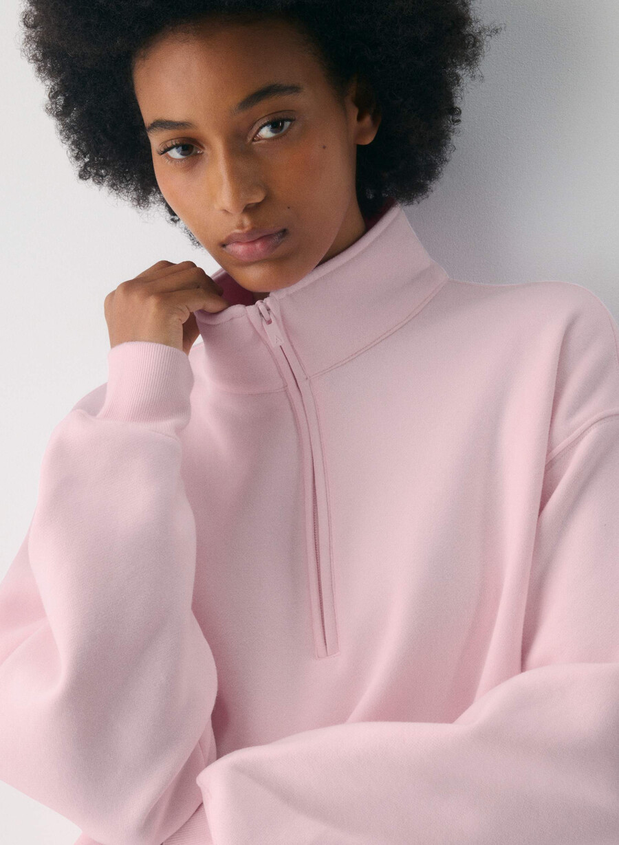pulover confortabil din fleece boyfriend cu fermoar cu jumătate de inimă villa pink