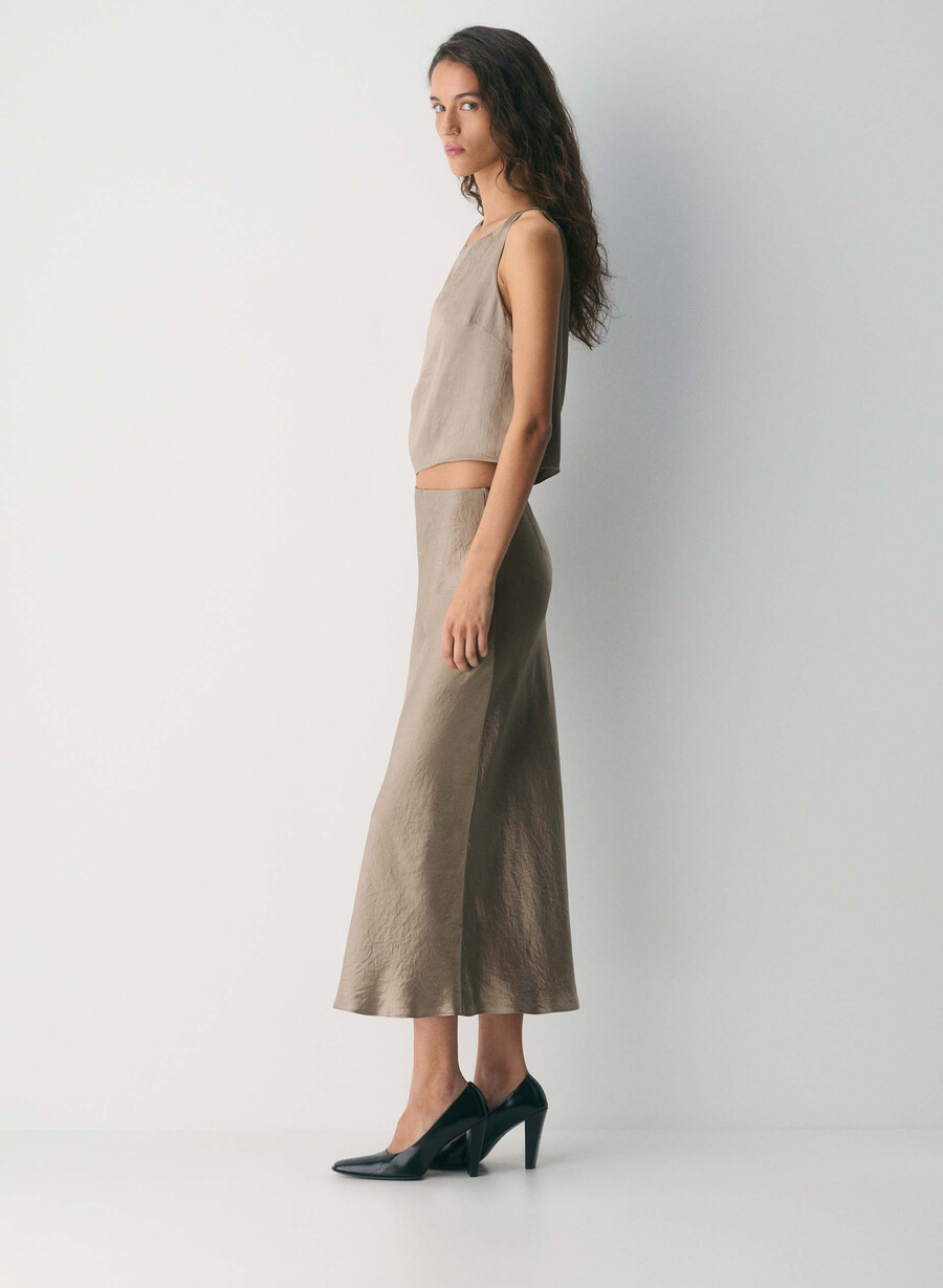fustă maxi din satin nomad taupe