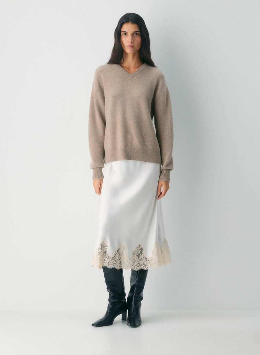 pulover essential cashmere lejer cu decolteu în v nevopsit hthr nmd taupe