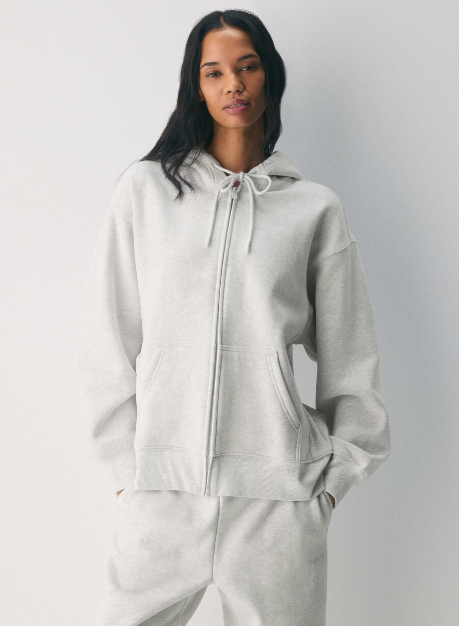 hanorac confortabil cu fermoar din fleece boyfriend alb-negru