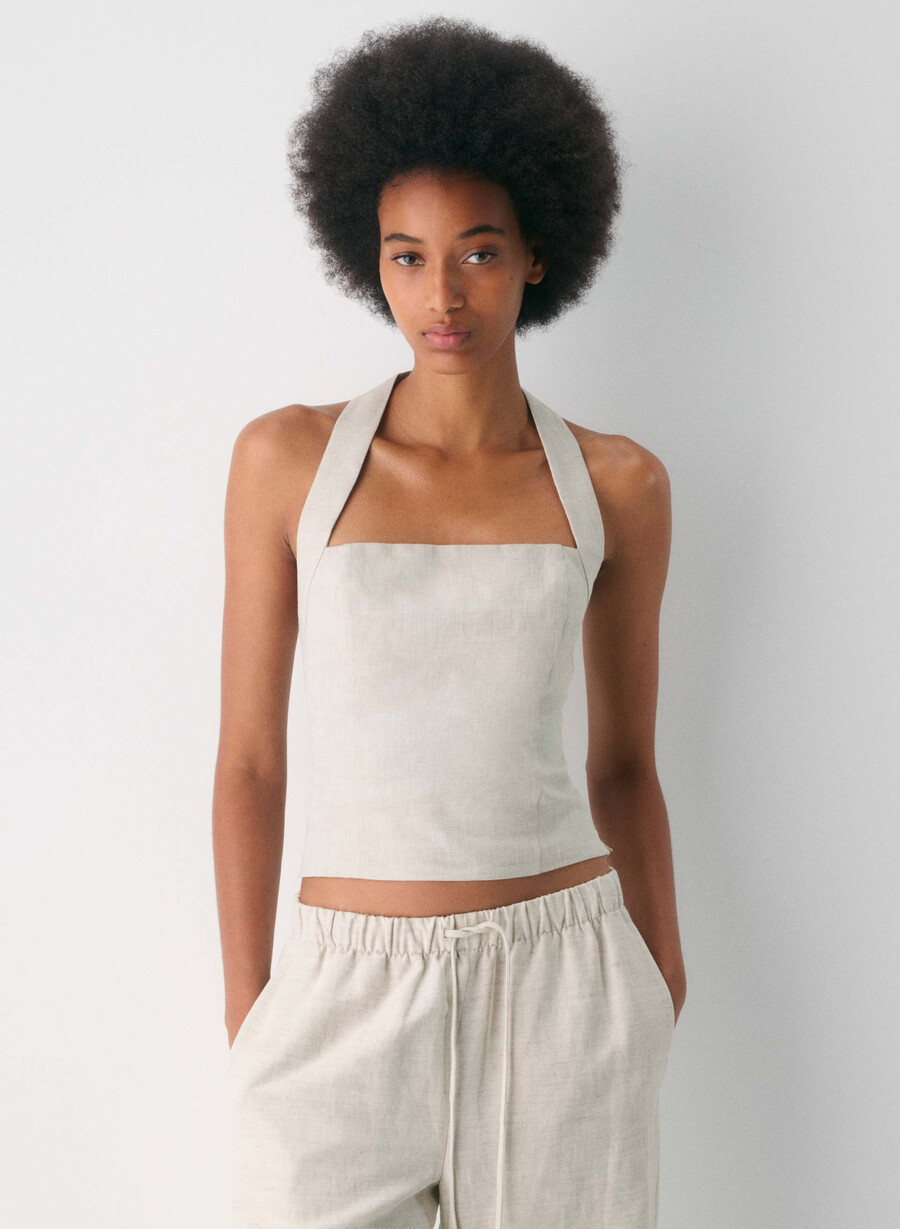 top whisper linen cu imprimeu halter natural ecru