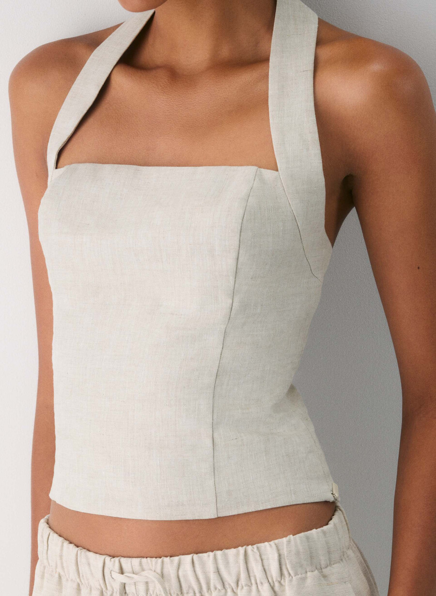top whisper linen cu imprimeu halter natural ecru