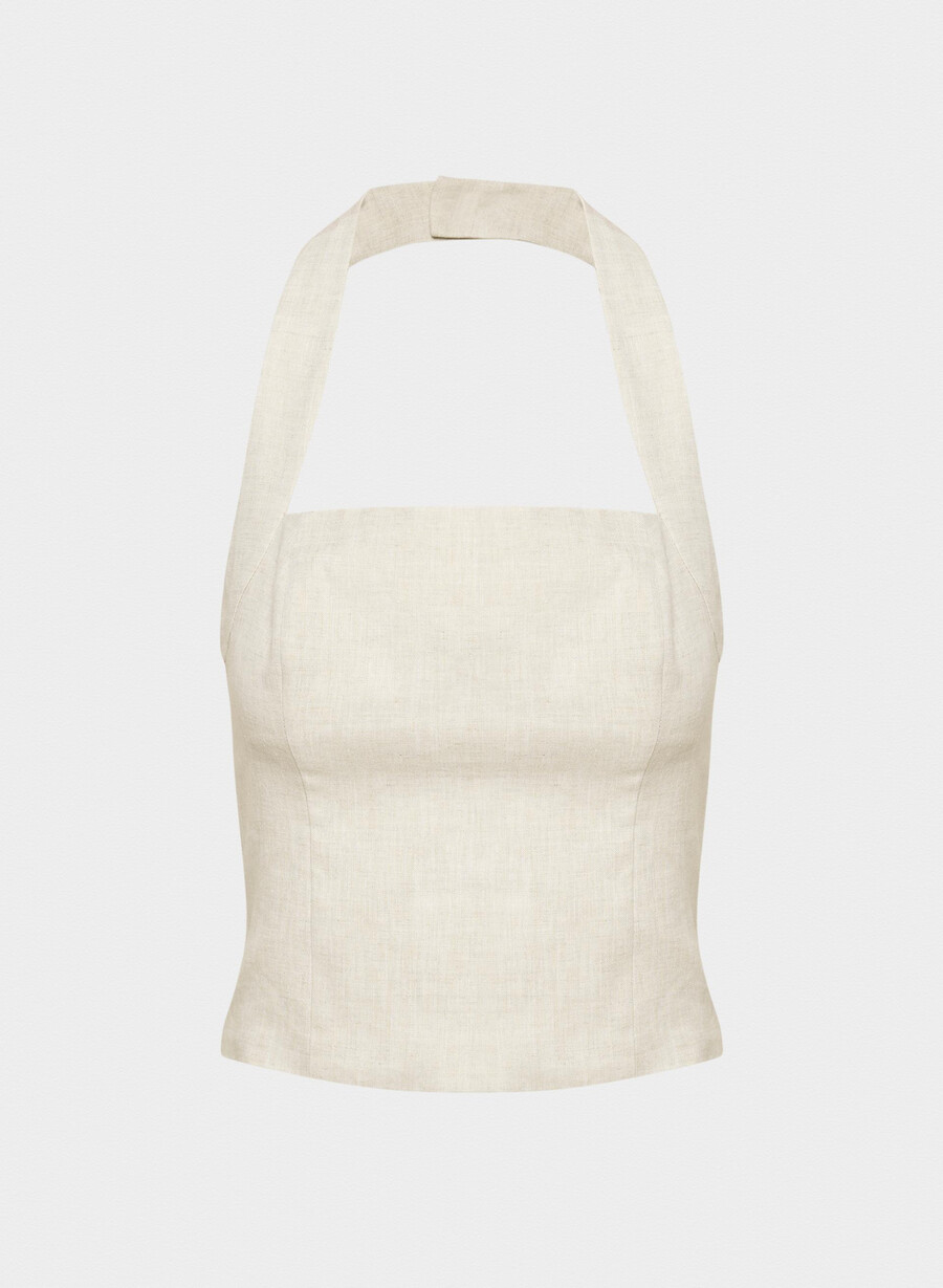 top whisper linen cu imprimeu halter natural ecru