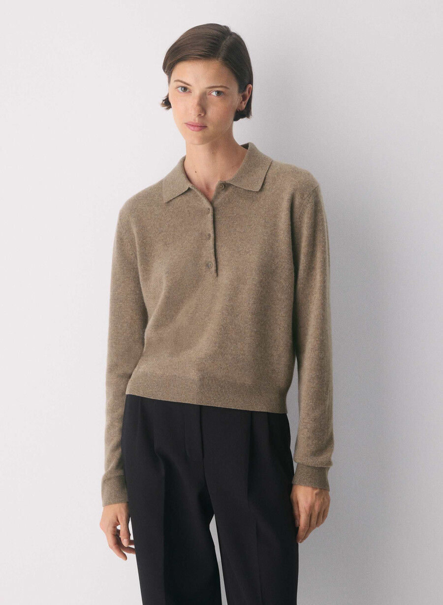 tricou polo cu mânecă lungă bare cashmere provenance heather folio brown
