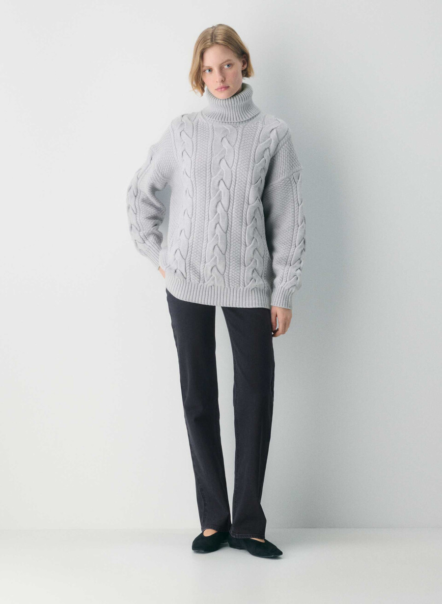 pulover heritage knit din lână merino cu guler înalt heather chrome