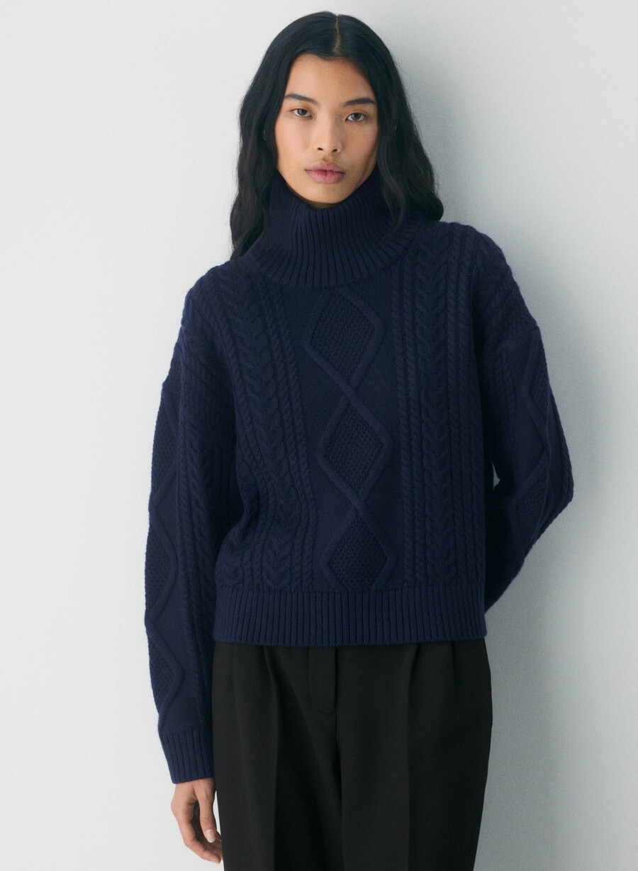pulover heritage knit din lână merino cu guler înalt heather nomad taupe