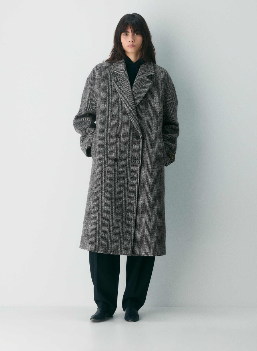 paltonul the slouch - lână moale cașmir model herringbone negrualb