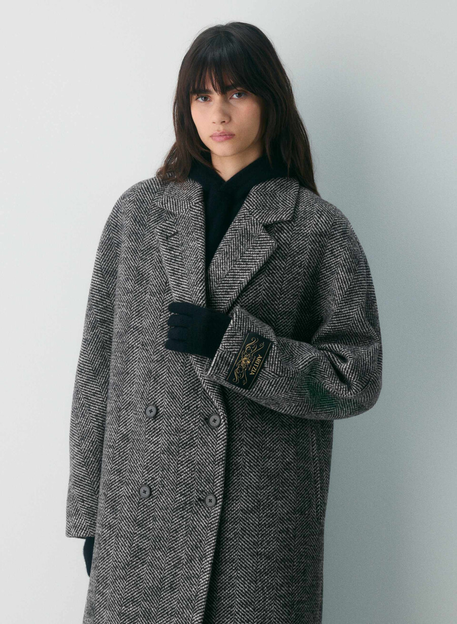 paltonul the slouch - lână moale cașmir model herringbone negrualb