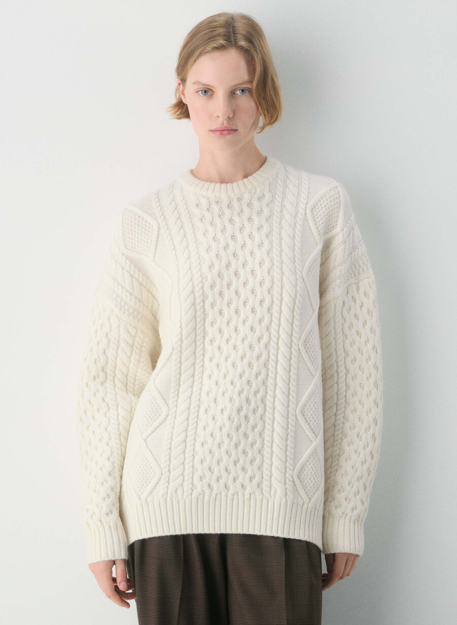 pulover heritage knit din lână merinos alb-gălbui