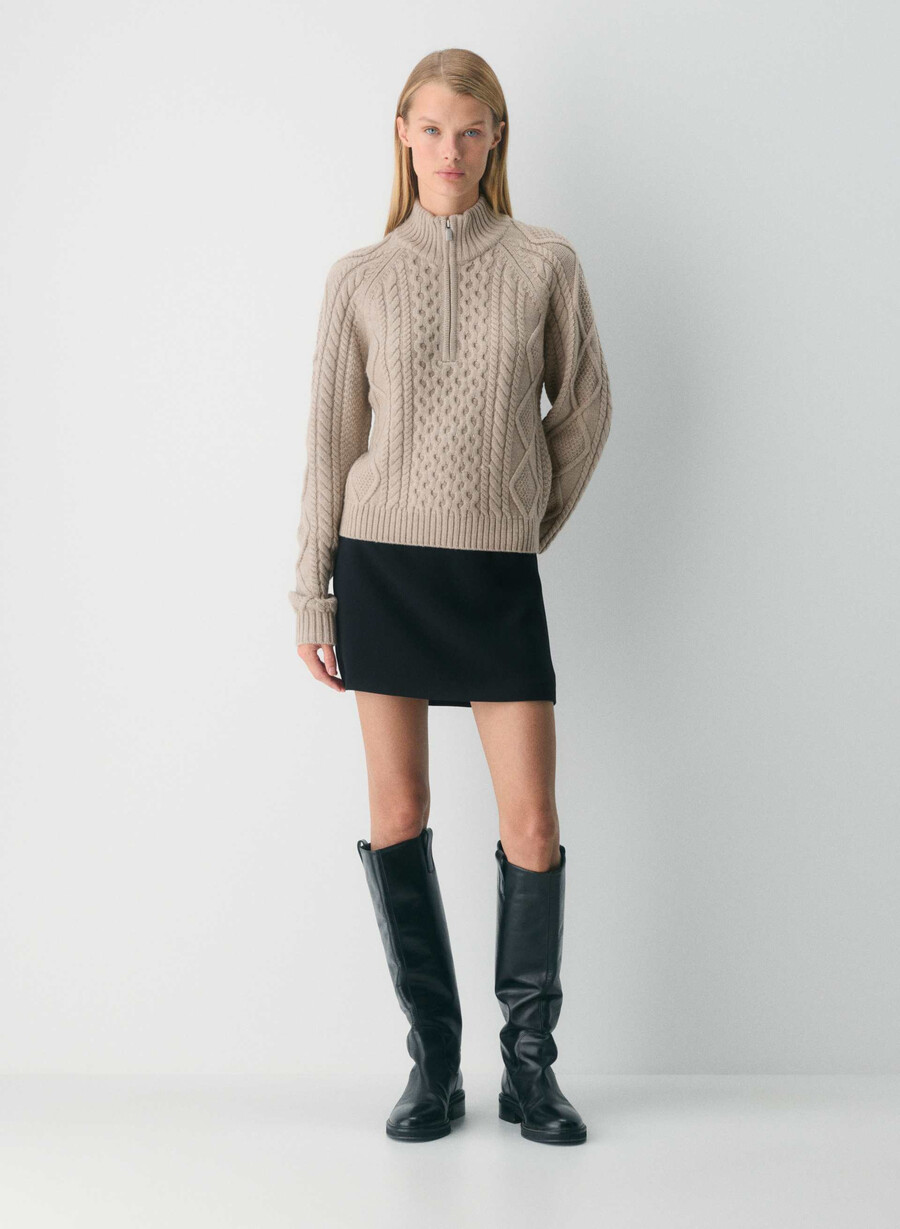 pulover heritage knit din lână merinos cu fermoar 14 heather nomad taupe