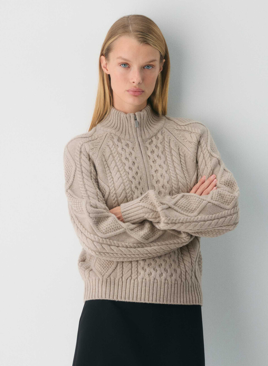 pulover heritage knit din lână merinos cu fermoar 14 heather nomad taupe