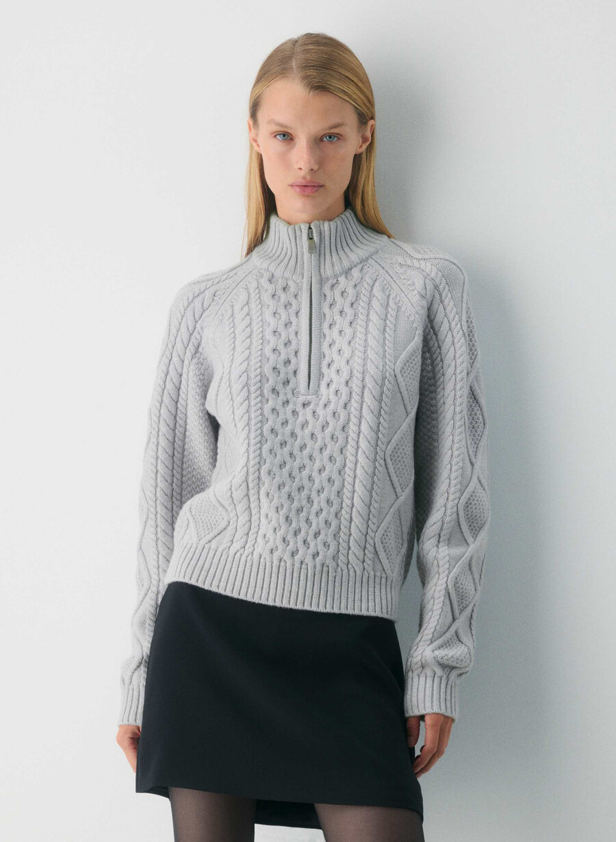 pulover heritage knit din lână merinos cu fermoar 14 heather chrome