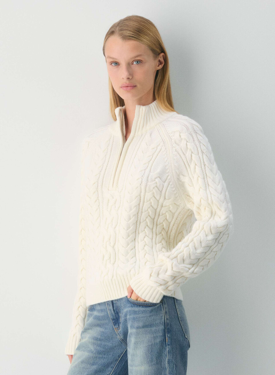 pulover heritage knit din lână merinos cu fermoar 14 alb whisper