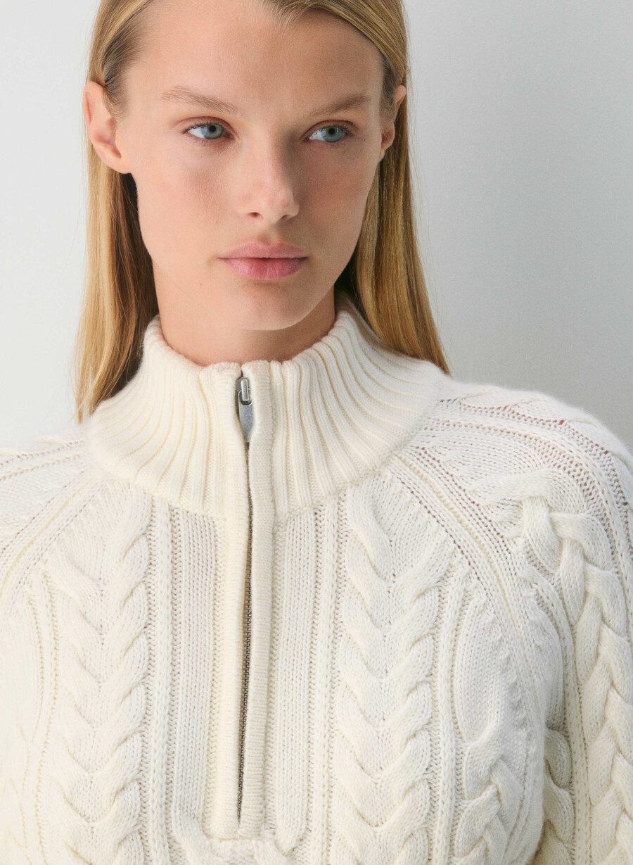 pulover heritage knit din lână merinos cu fermoar 14 alb whisper