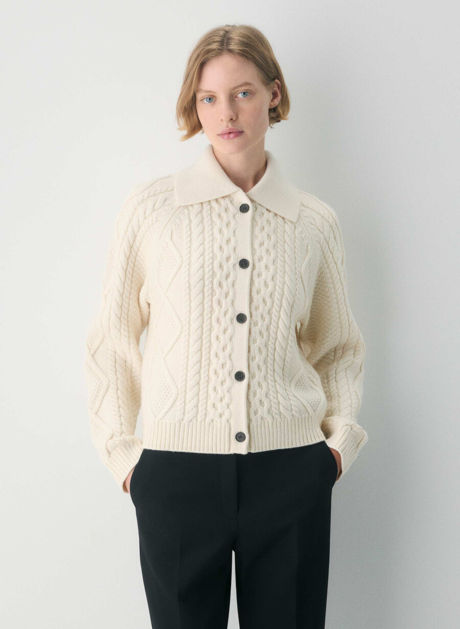 cardigan heritage knit din lână merinos cu guler culoare seaside creem
