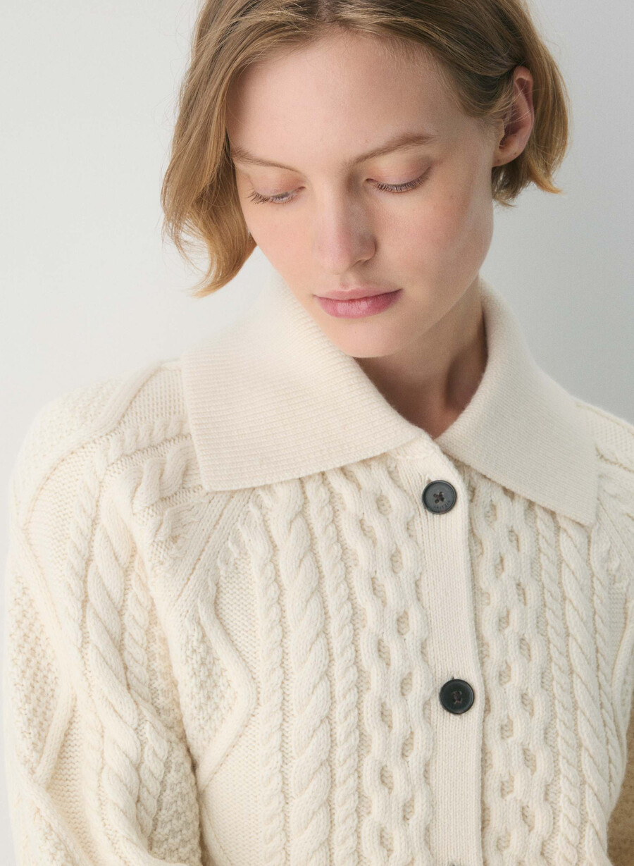 cardigan heritage knit din lână merinos cu guler culoare seaside creem