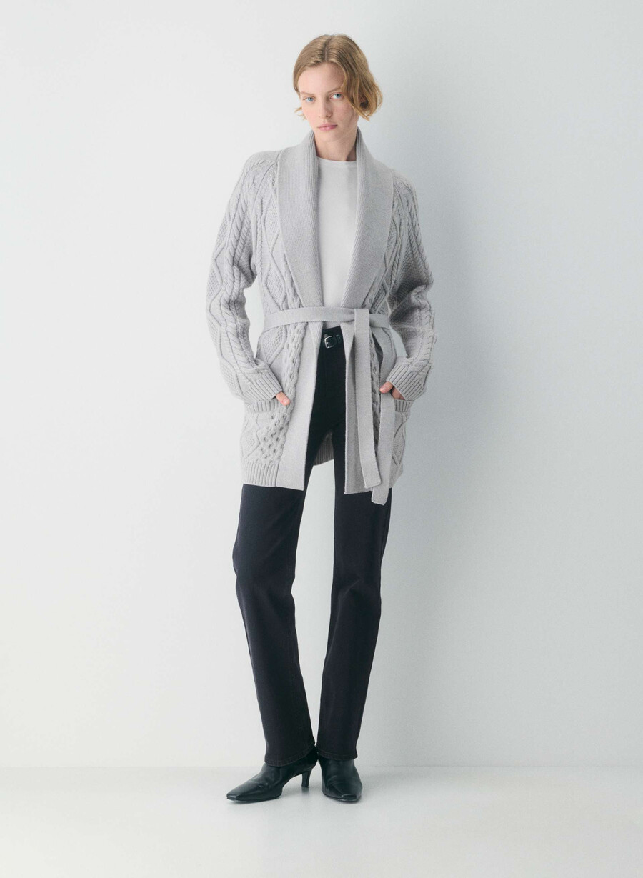 cardigan heritage knit din lână merinos cu deschidere în față heather nomad taupe