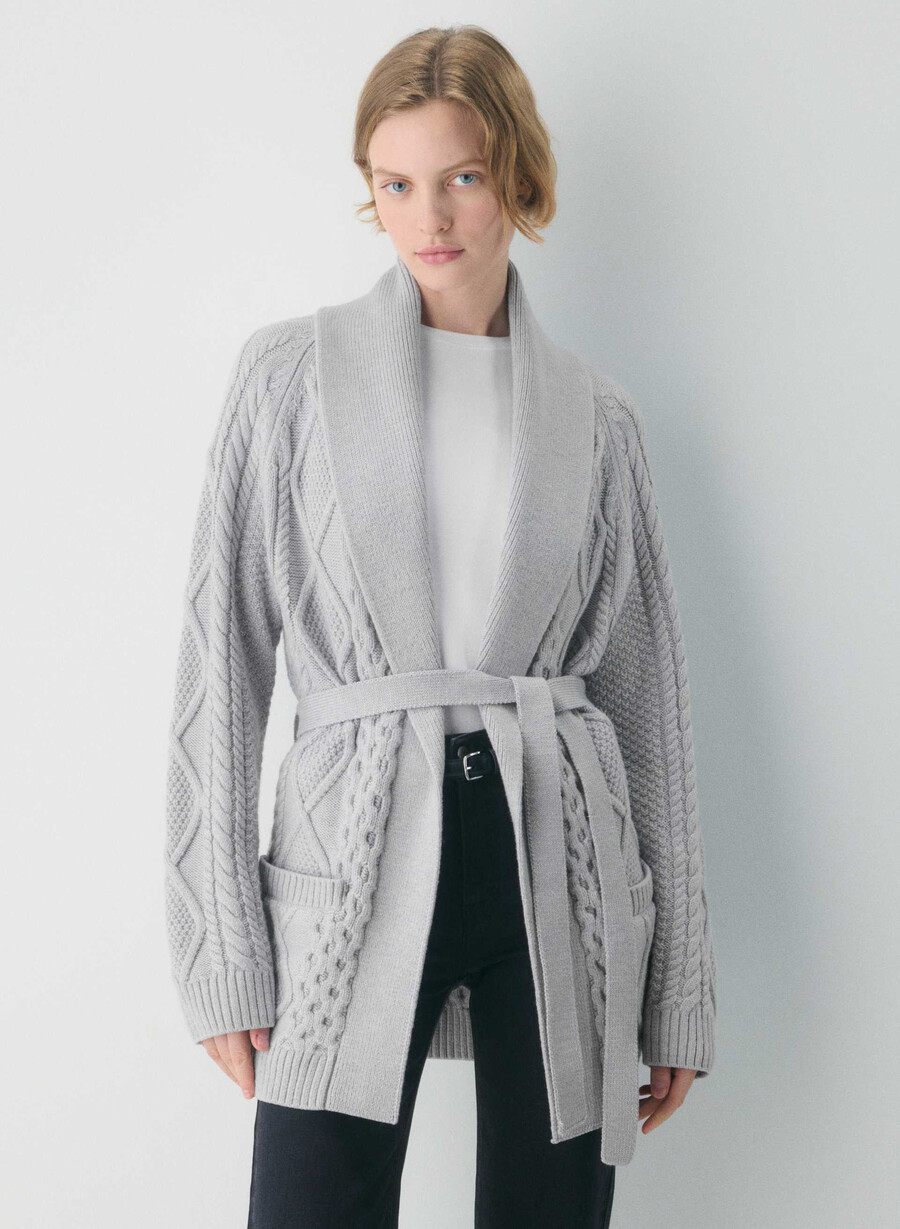 cardigan heritage knit din lână merinos cu deschidere în față heather nomad taupe