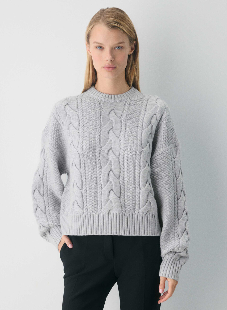 pulover heritage knit din lână merinos cu model crew și șolduri înalte heather chrome