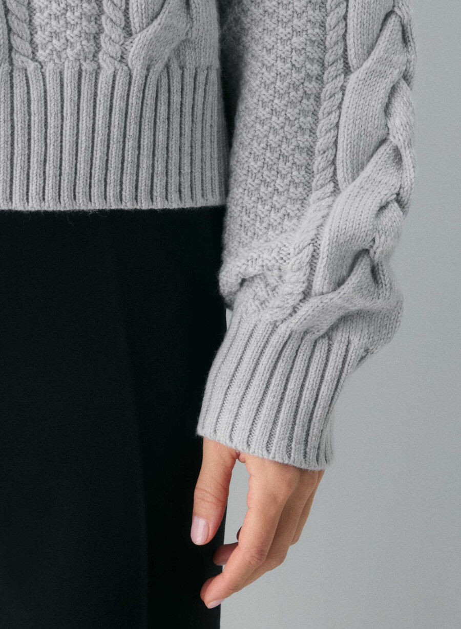 pulover heritage knit din lână merinos cu model crew și șolduri înalte heather chrome