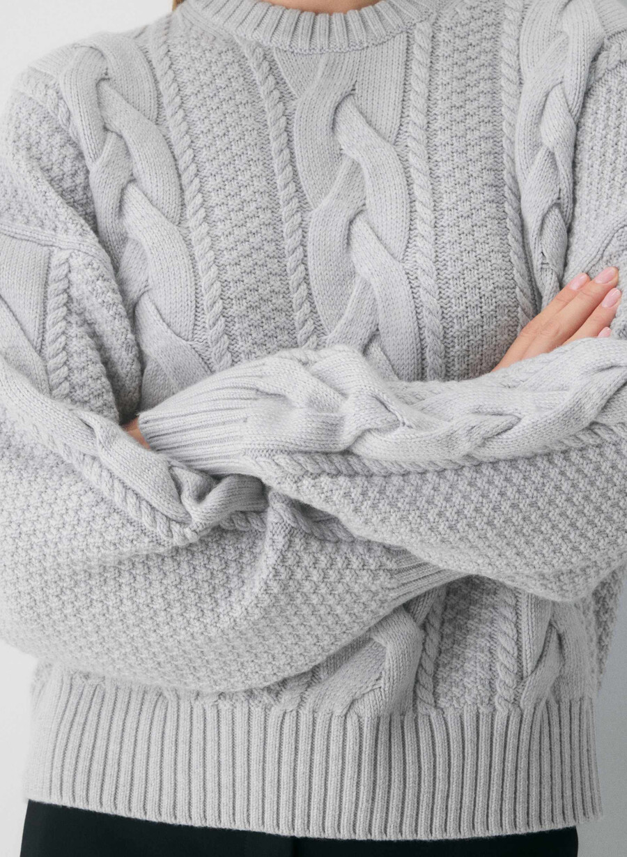 pulover heritage knit din lână merinos cu model crew și șolduri înalte heather chrome