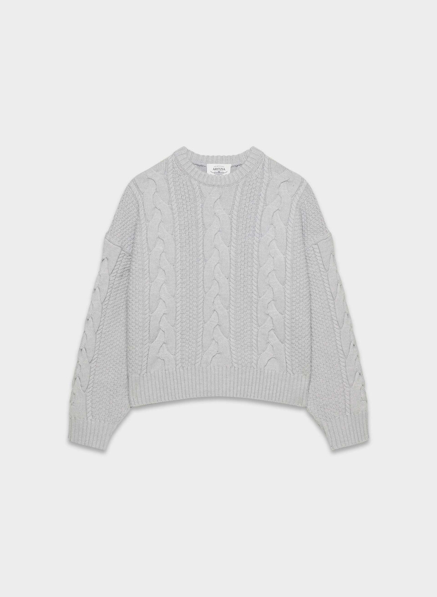 pulover heritage knit din lână merinos cu model crew și șolduri înalte heather chrome