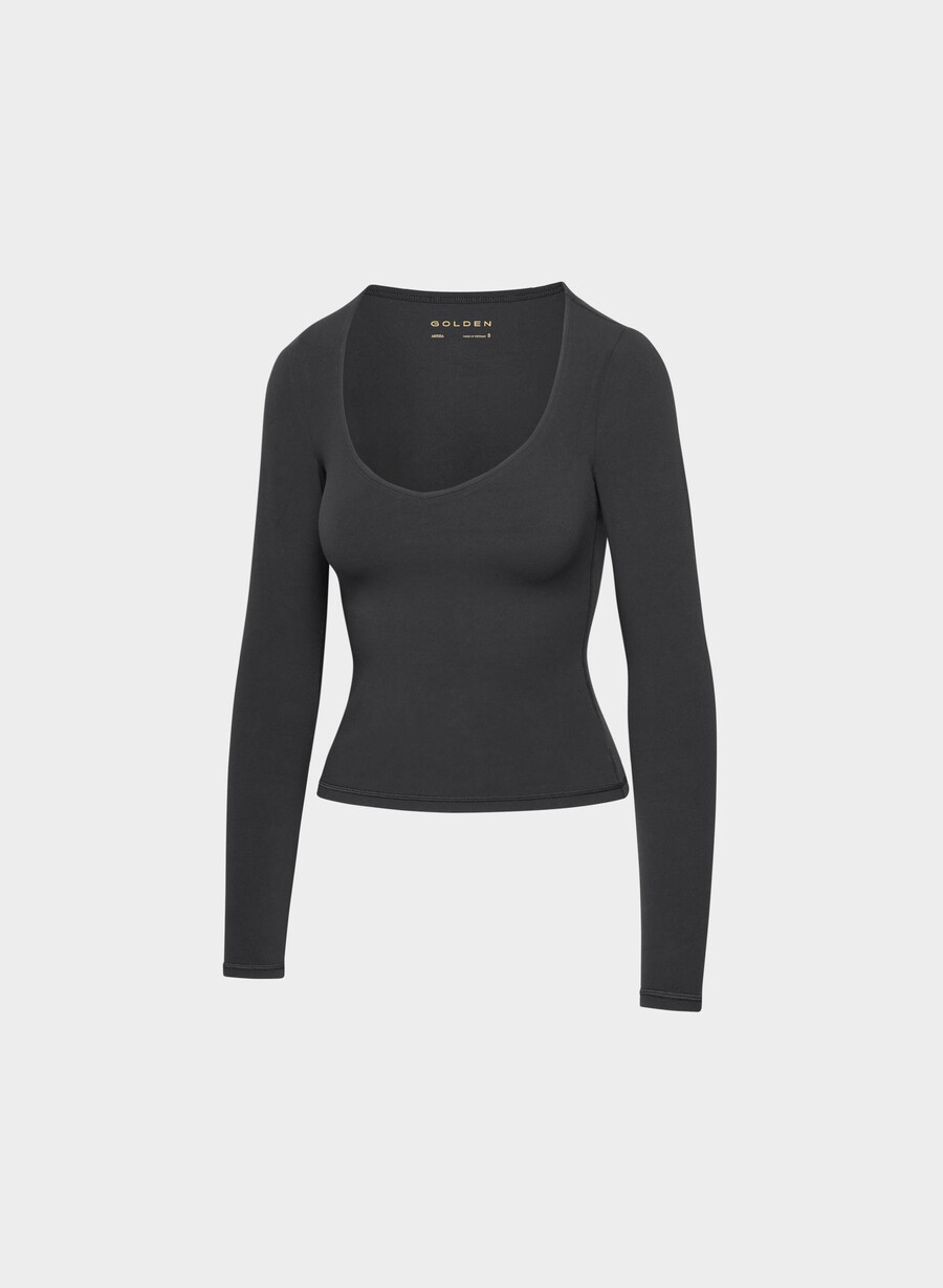 tricou butter essential cu mânecă lungă și decolteu în v negru