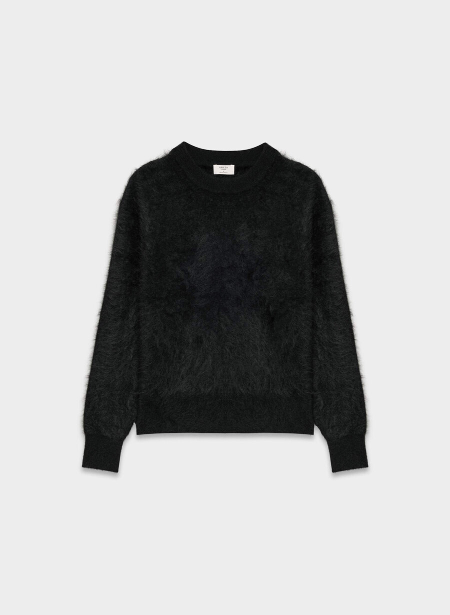 pulover din cașmir periat stil crew negru