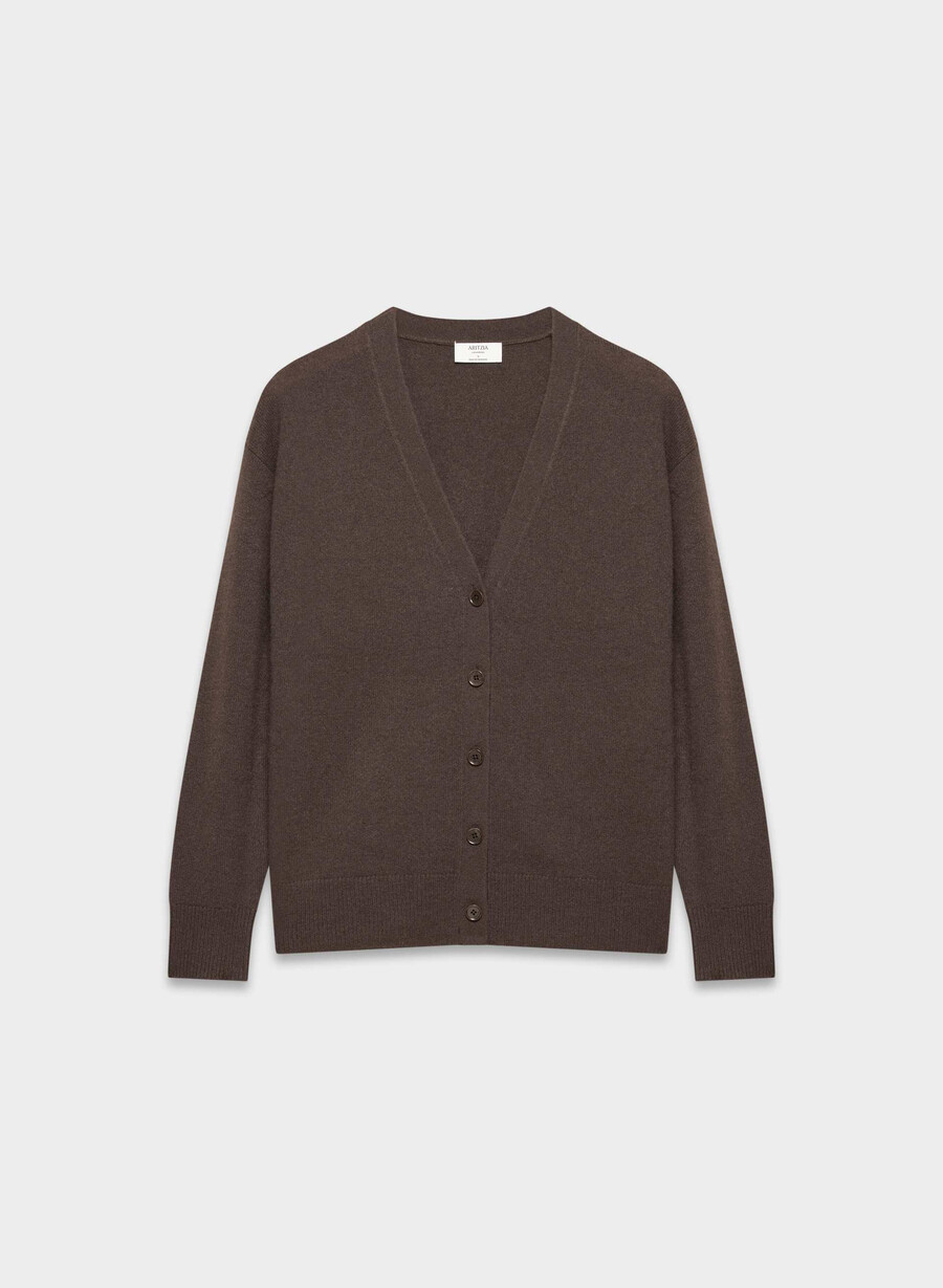 cardigan lejer cu decolteu în v din cașmir cu pene rich mocha brown