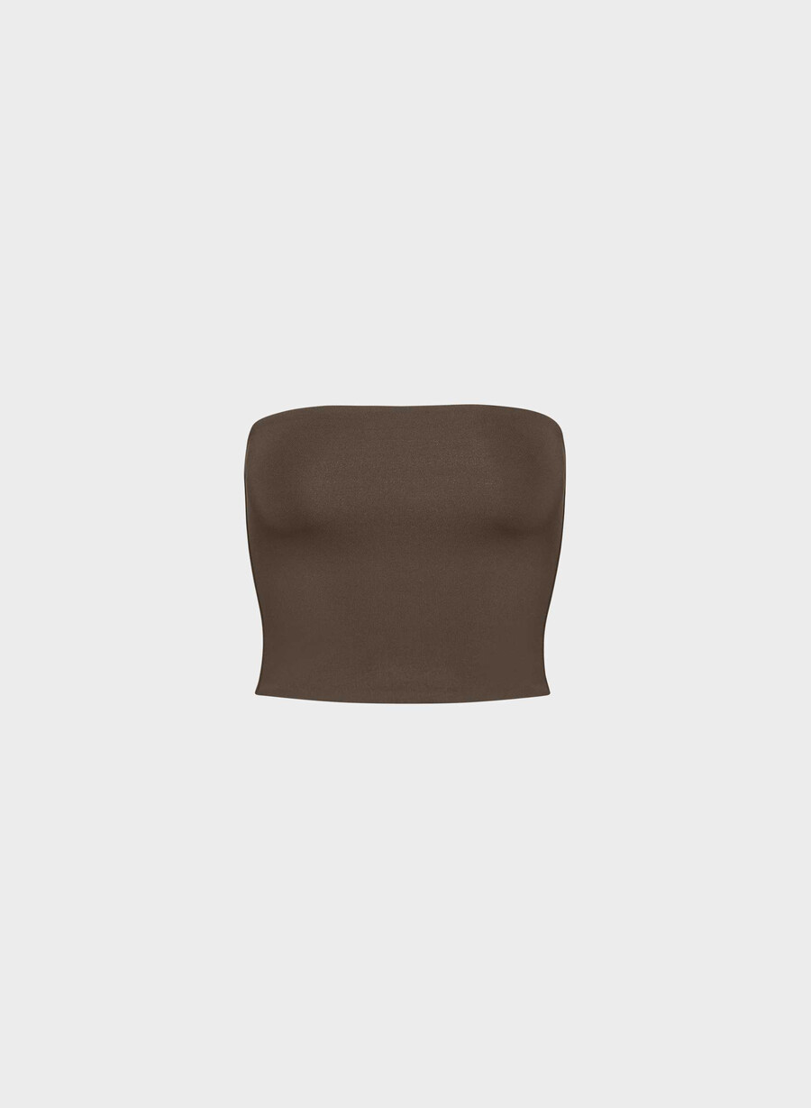 top tubular cu talie conturată originală maro intens cu imprimeu rich mocha