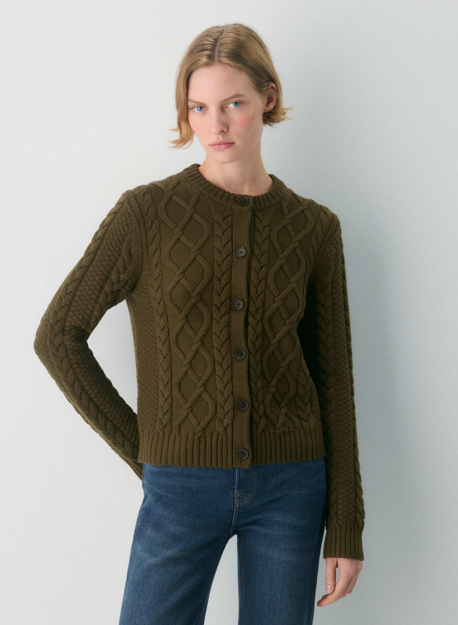 cardigan heritage knit din lână merinos cu maneci lungi verde privat