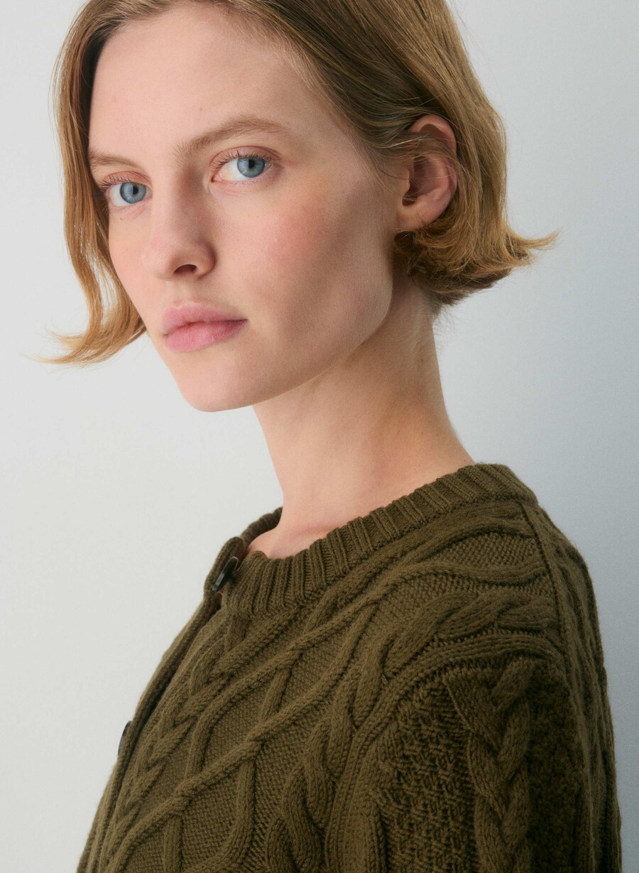 cardigan heritage knit din lână merinos cu maneci lungi verde privat