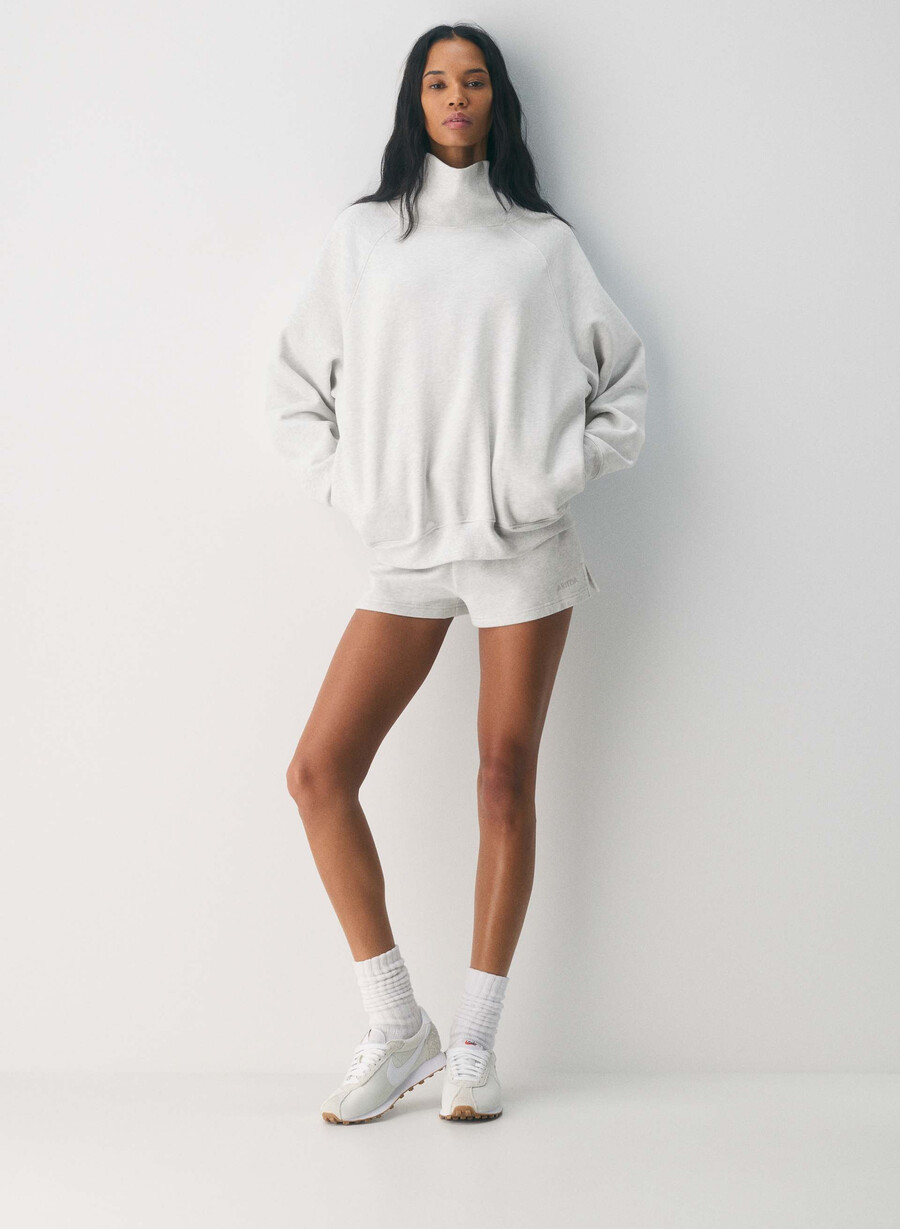 bluză confortabilă din fleece mega raglan cu guler tip pâlnie alb-negru