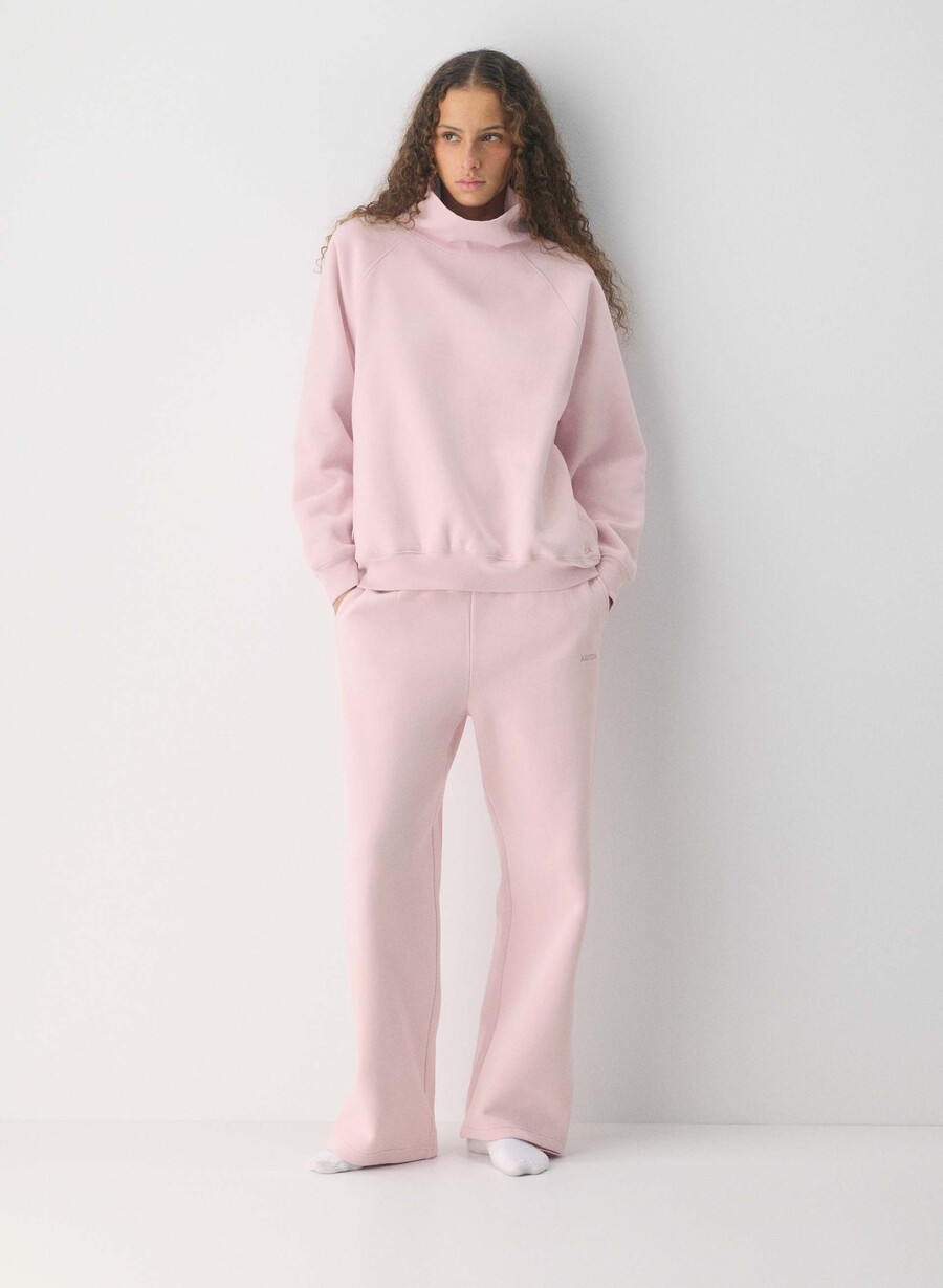 bluză confortabilă din fleece mega raglan cu guler tip pâlnie roz cupid