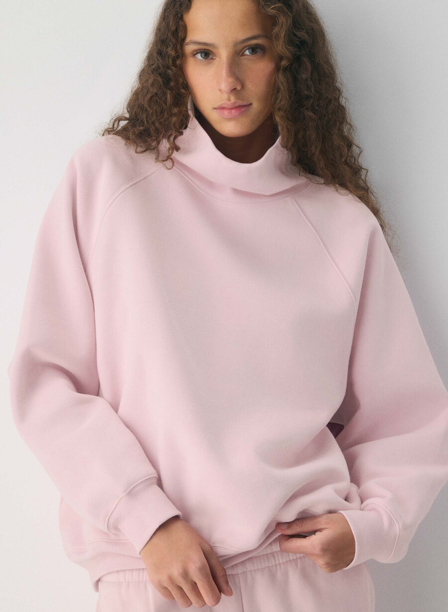 bluză confortabilă din fleece mega raglan cu guler tip pâlnie roz cupid