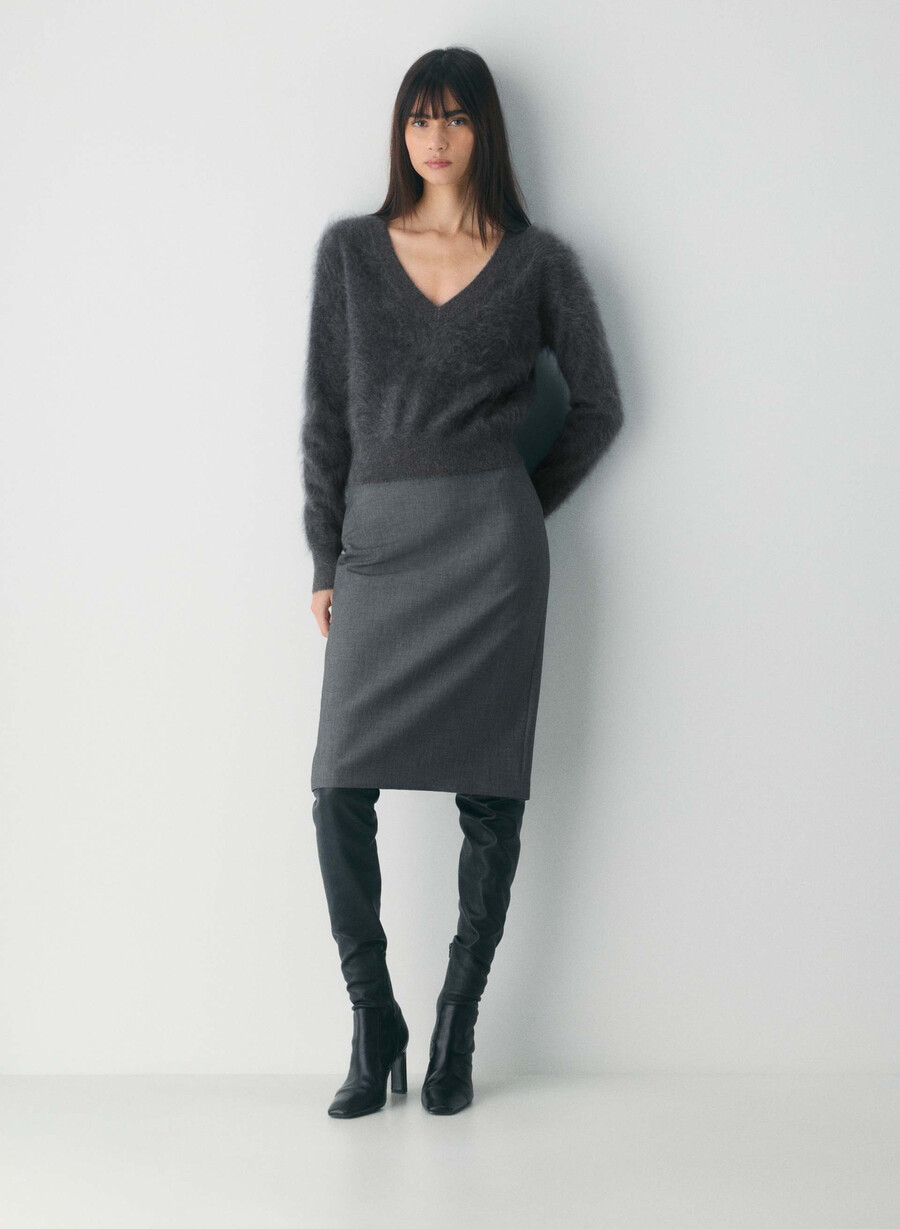 pulover din cașmir periat cu guler în v culoare heather charcoal